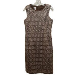 Anne Klein dress sheath crochet tan brown lace faux suede trim 10